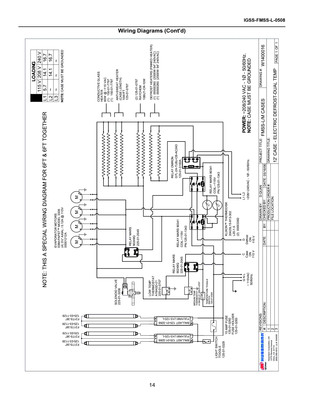 hussman FMSS-L operation manual Wiring, 115 V 208 240 14.1, L3 ~, Raychem 10BUT-CR-10W, Relay Mars Relay Omron 