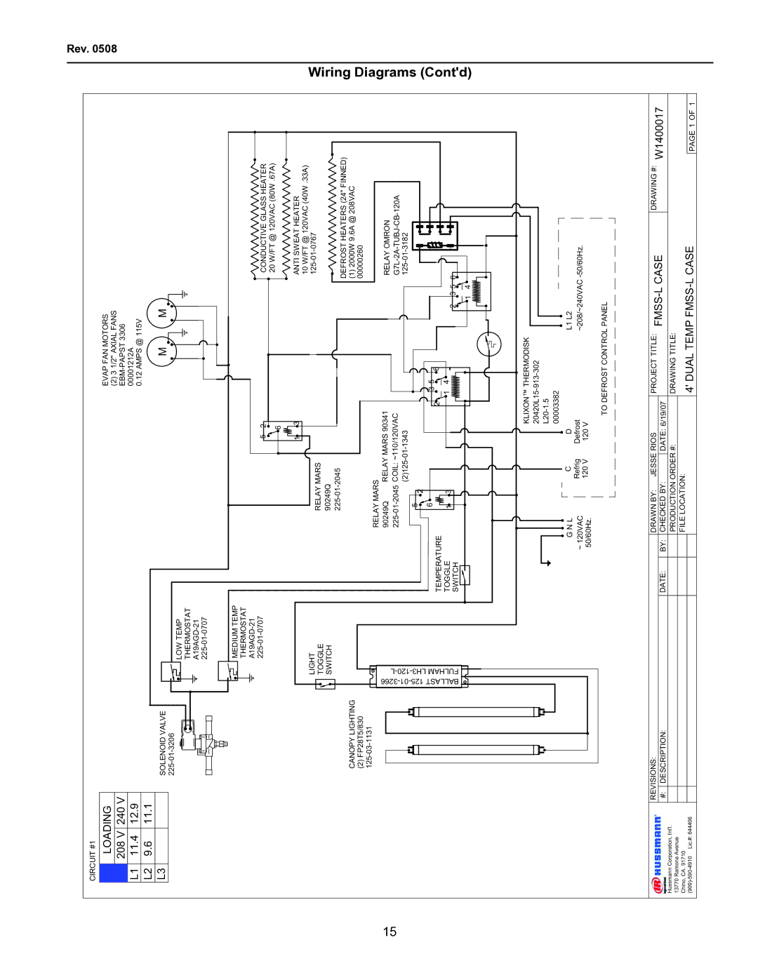 hussman operation manual Wiring Diagrams Contd, 208 V 240 L1 11.4 L2 9.6, Dual Temp FMSS-L Case 