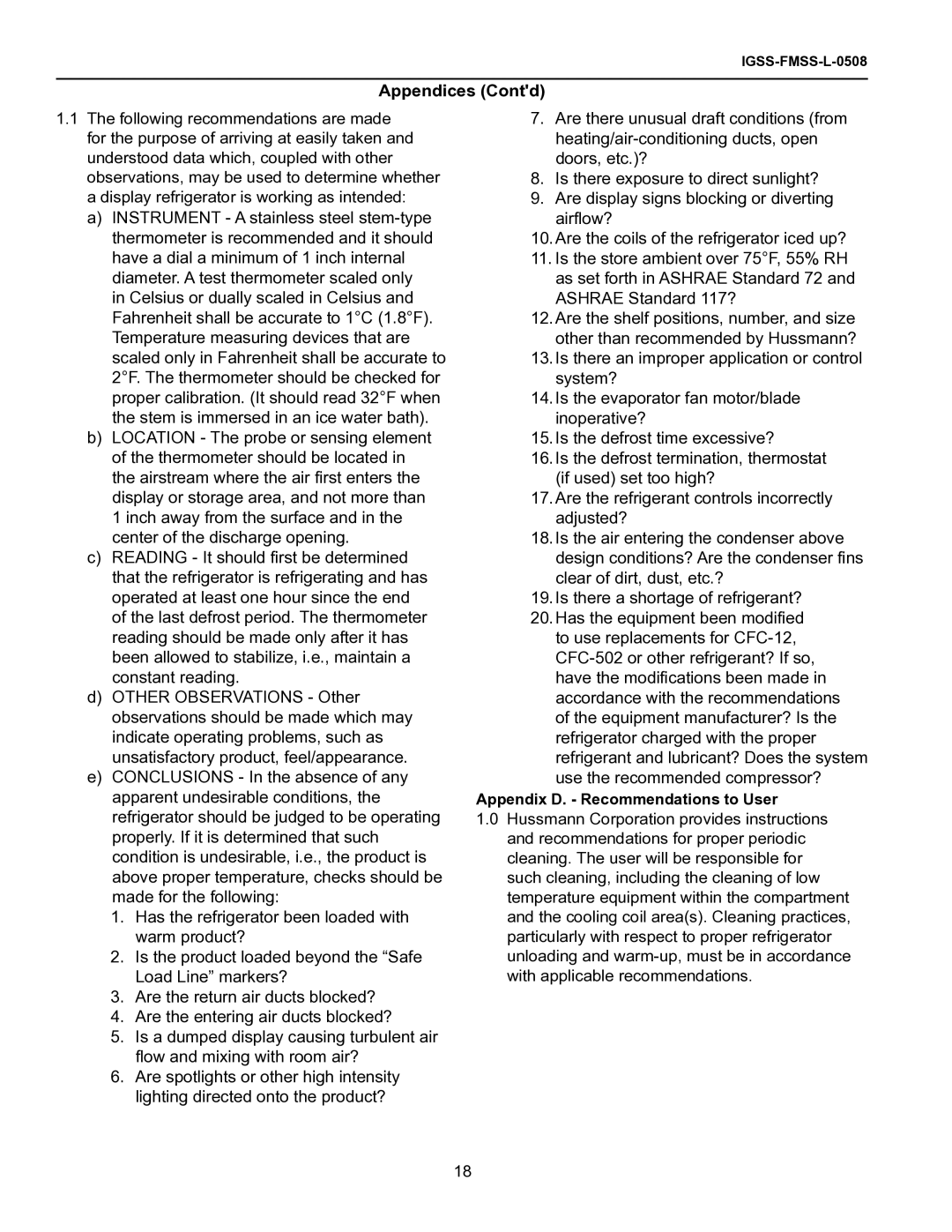 hussman FMSS-L operation manual Appendices Contd, Appendix D. Recommendations to User 