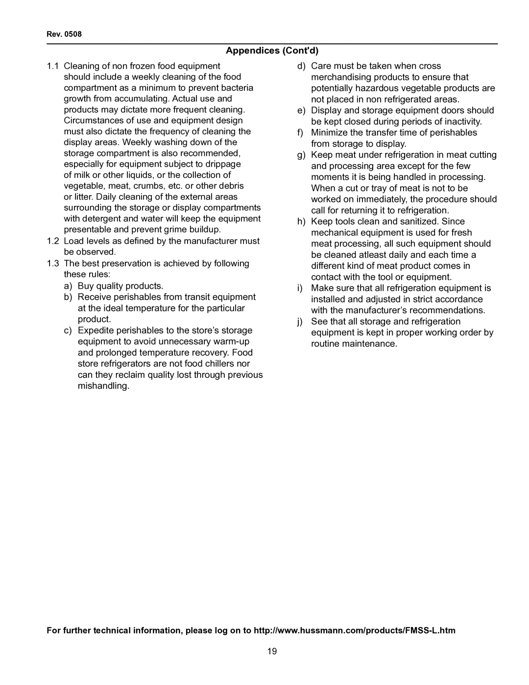 hussman FMSS-L operation manual Appendices Contd 