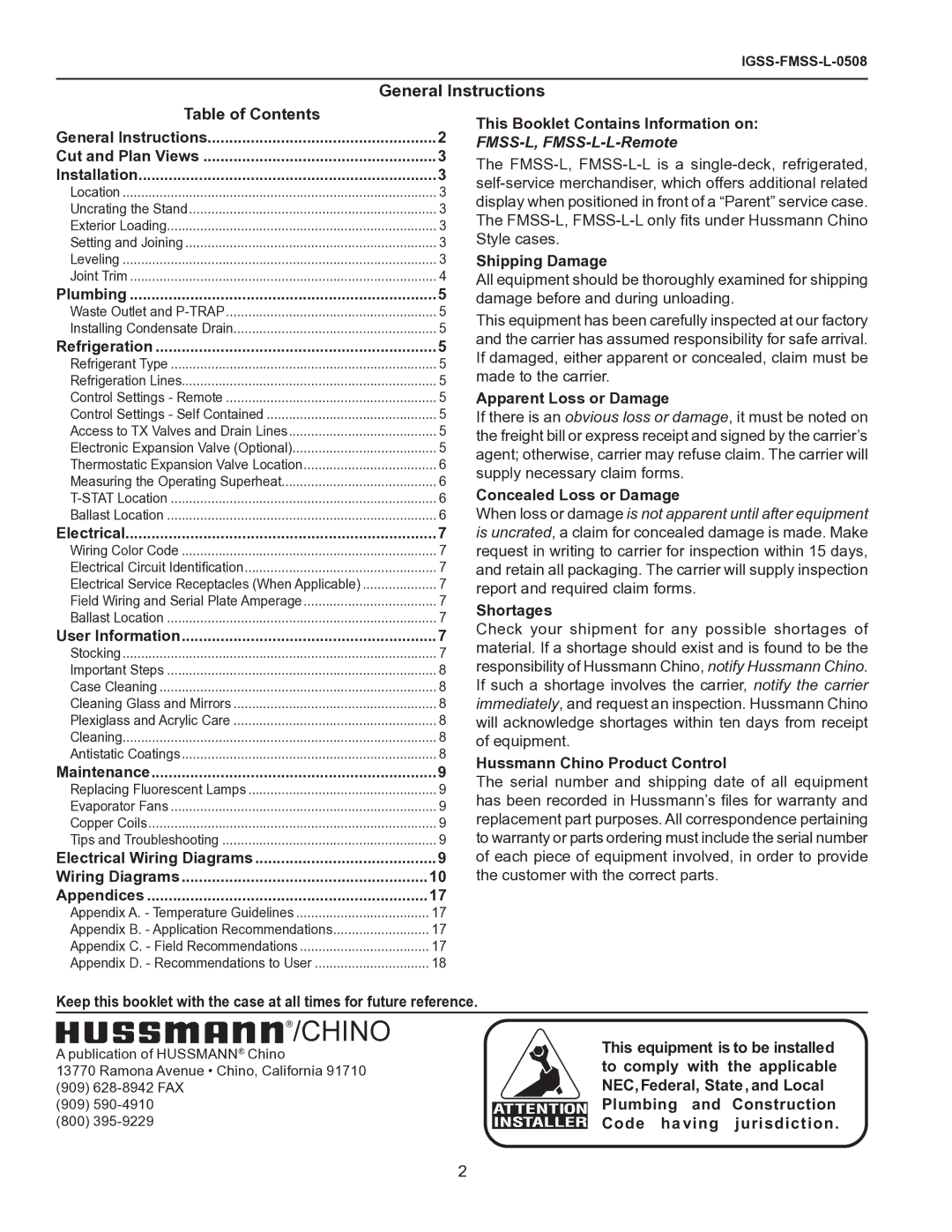 hussman FMSS-L operation manual General Instructions, Table of Contents 