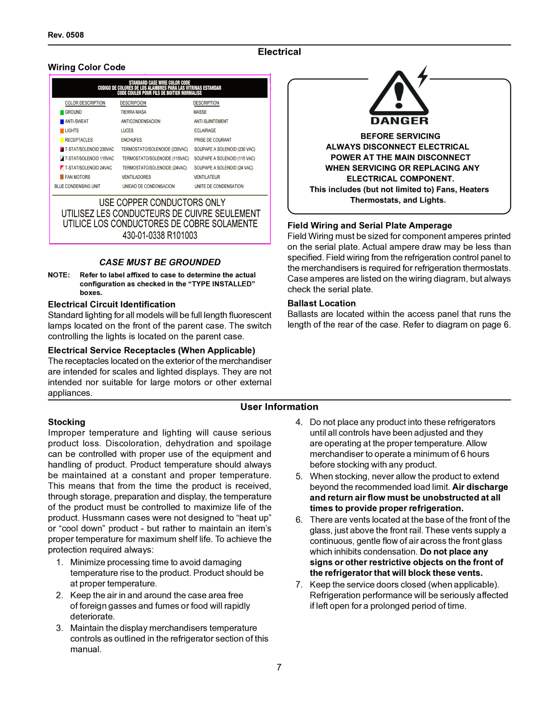 hussman FMSS-L operation manual Electrical, User Information 