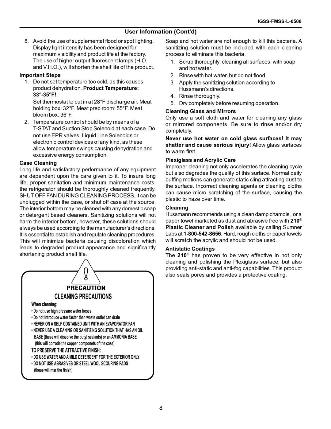 hussman FMSS-L operation manual User Information Contd, When cleaning 