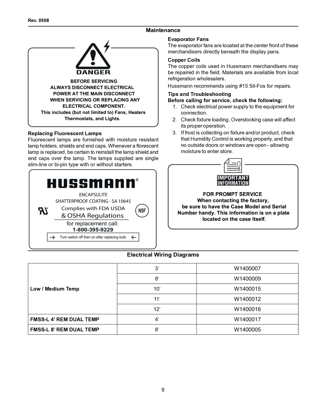 hussman FMSS-L operation manual Maintenance, Electrical Wiring Diagrams 