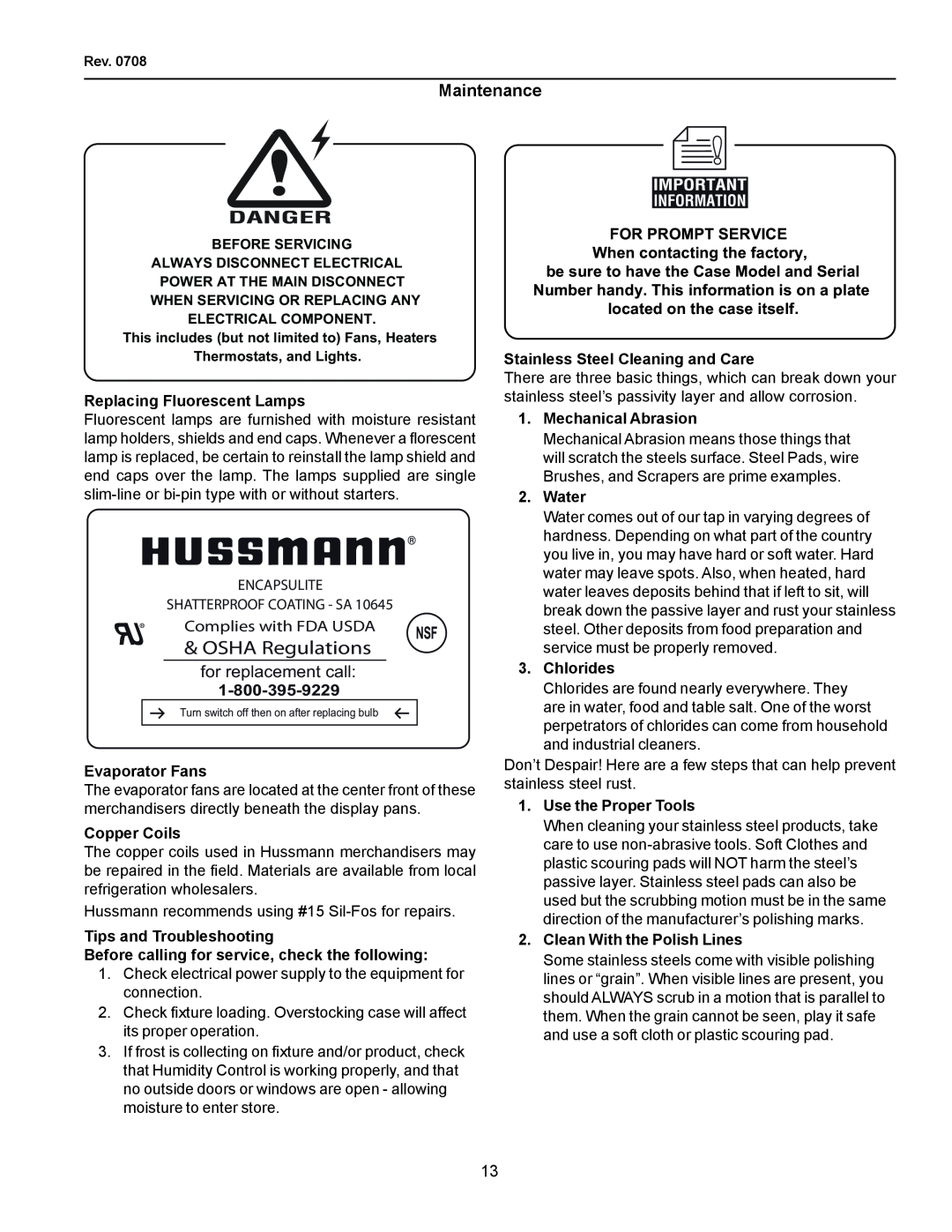 hussman FMSS-L Maintenance, OSHA Regulations, Replacing Fluorescent Lamps, Encapsulite Shatterproof Coating - Sa, Water 