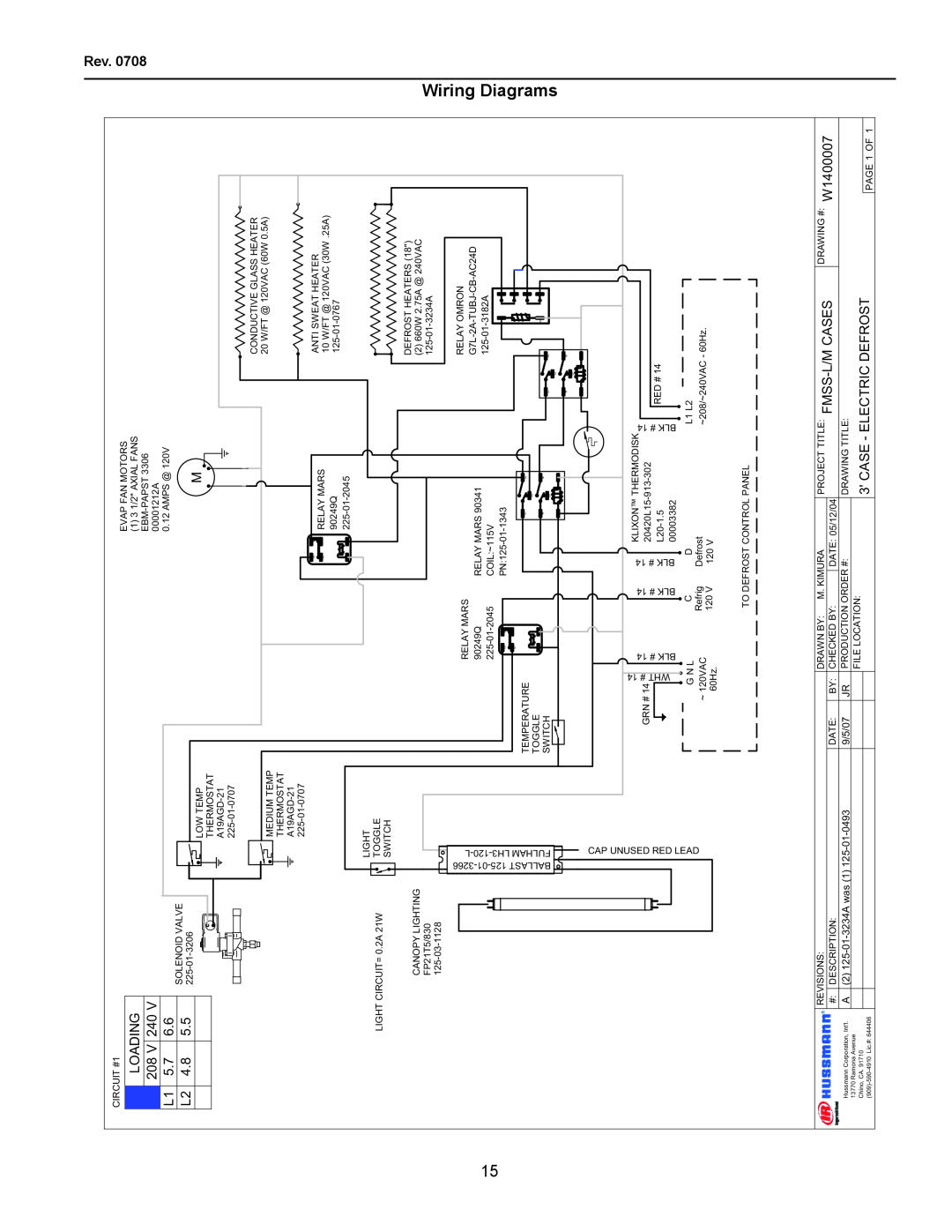 hussman FMSS-L operation manual Wiring Diagrams, LOADING 208 V 240 L1 5.7 L2, Case - Electric Defrost 