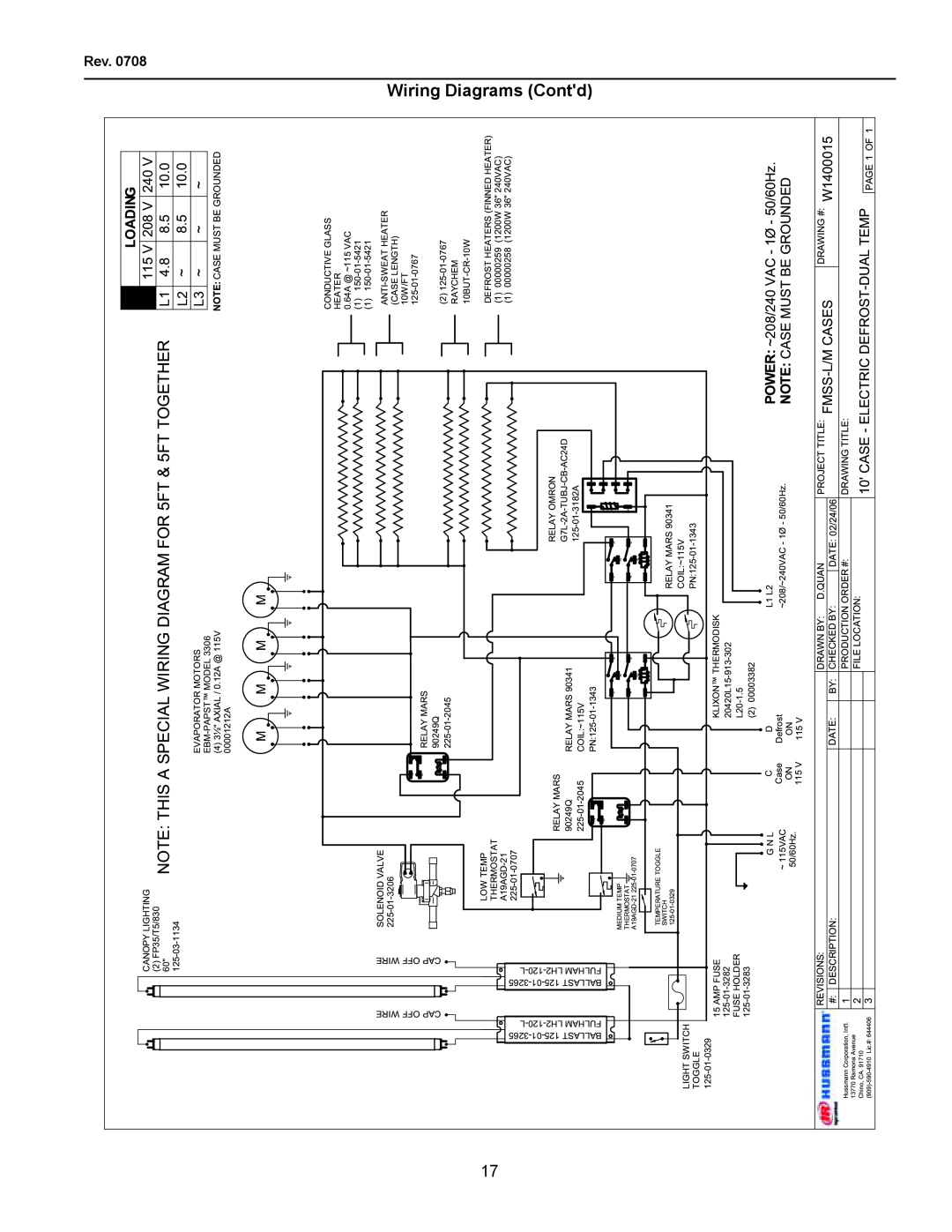 hussman FMSS-L NOTE THIS A SPECIAL WIRING DIAGRAM FOR 5FT & 5FT TOGETHER, Loading, Defrost Heaters Finned Heater 