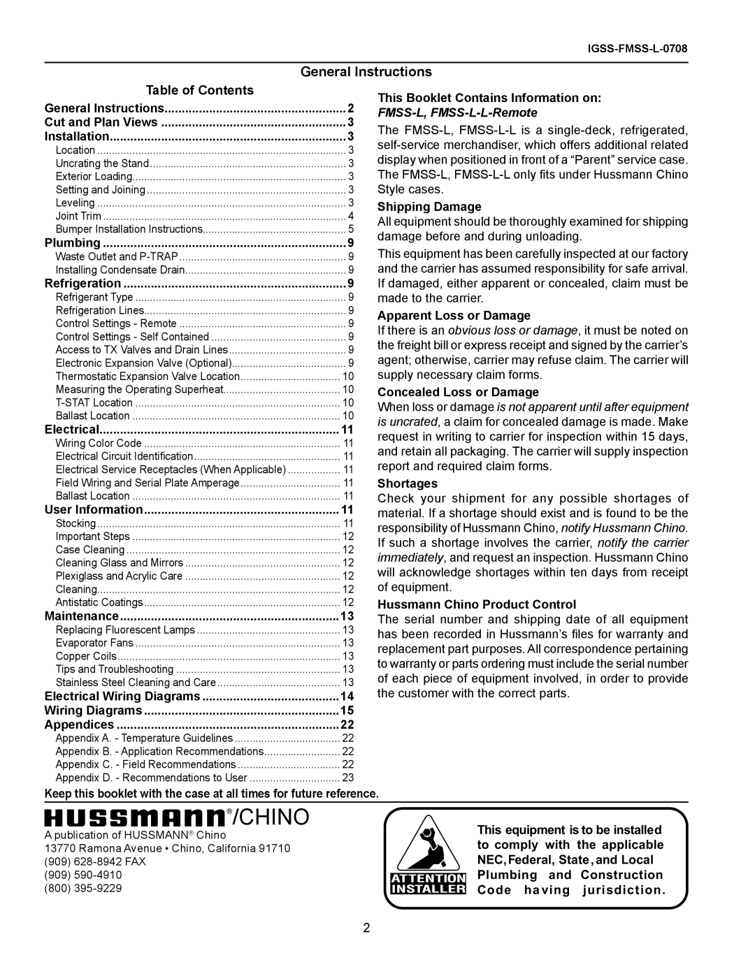 hussman FMSS-L General Instructions, Table of Contents, Chino, This Booklet Contains Information on, Shipping Damage 