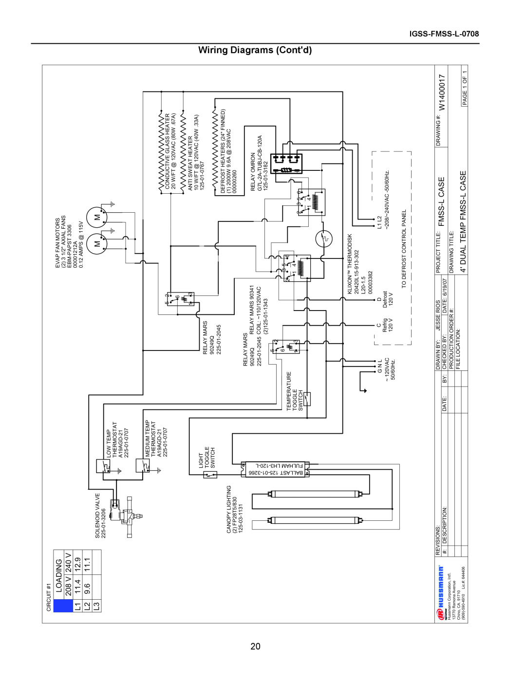 hussman Wiring Diagrams Contd, LOADING 208 V 240 L1 11.4 L2 9.6 L3, Dual Temp Fmss-L Case, IGSS-FMSS-L-0708 