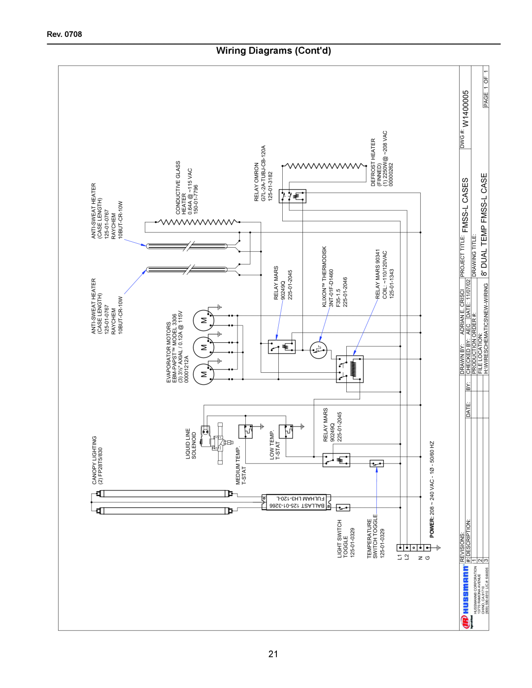hussman FMSS-L operation manual Diagrams Contd, Wiring 
