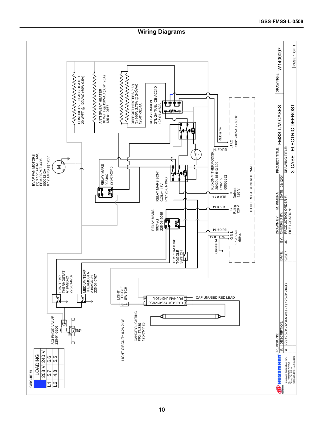hussman operation manual Wiring Diagrams, LOADING 208 V 240 L1 5.7 L2, Case - Electric Defrost, IGSS-FMSS-L-0508 