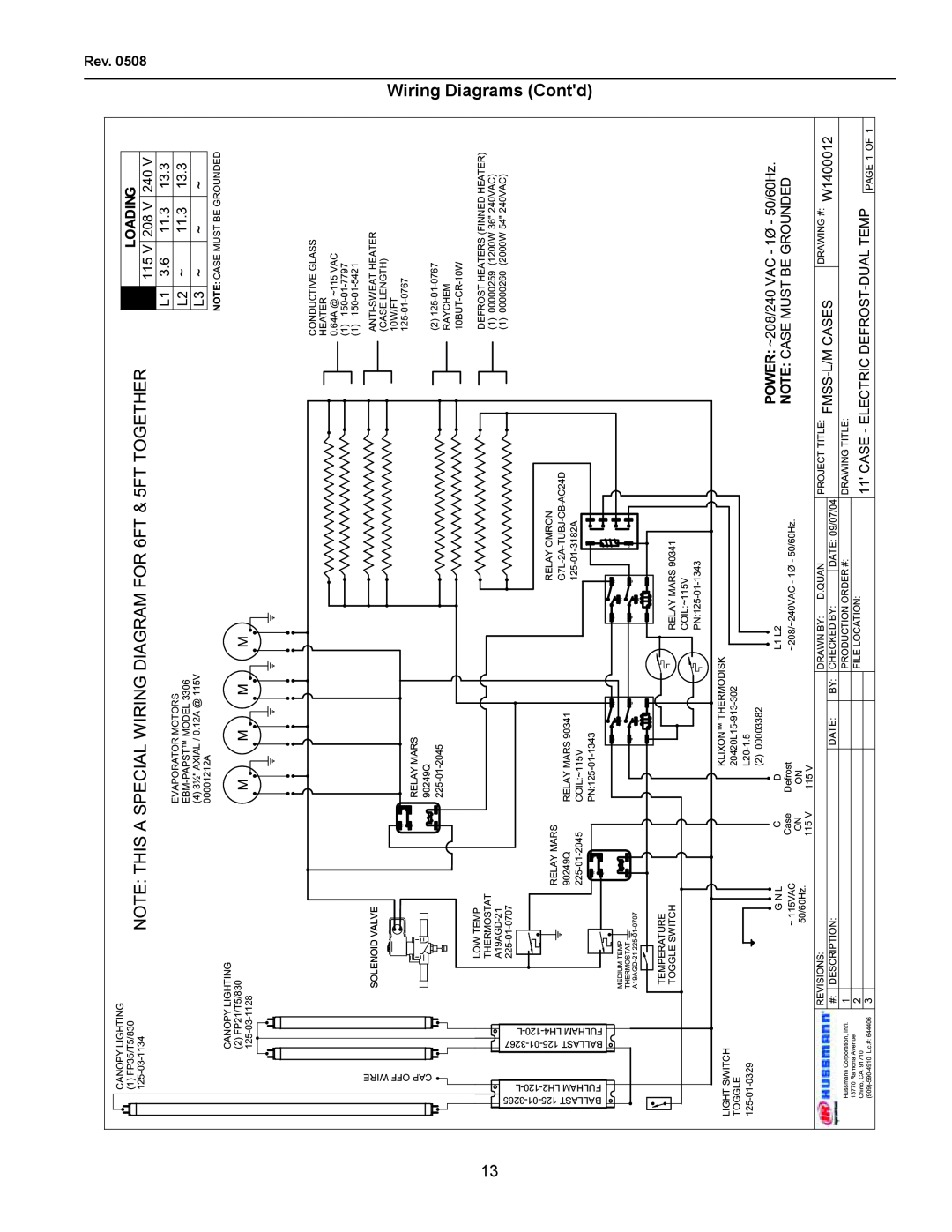 hussman FMSS-L Contd, Wiring Diagrams, NOTE THIS A SPECIAL WIRING DIAGRAM FOR 6FT & 5FT TOGETHER, Loading, Solenoid Valve 