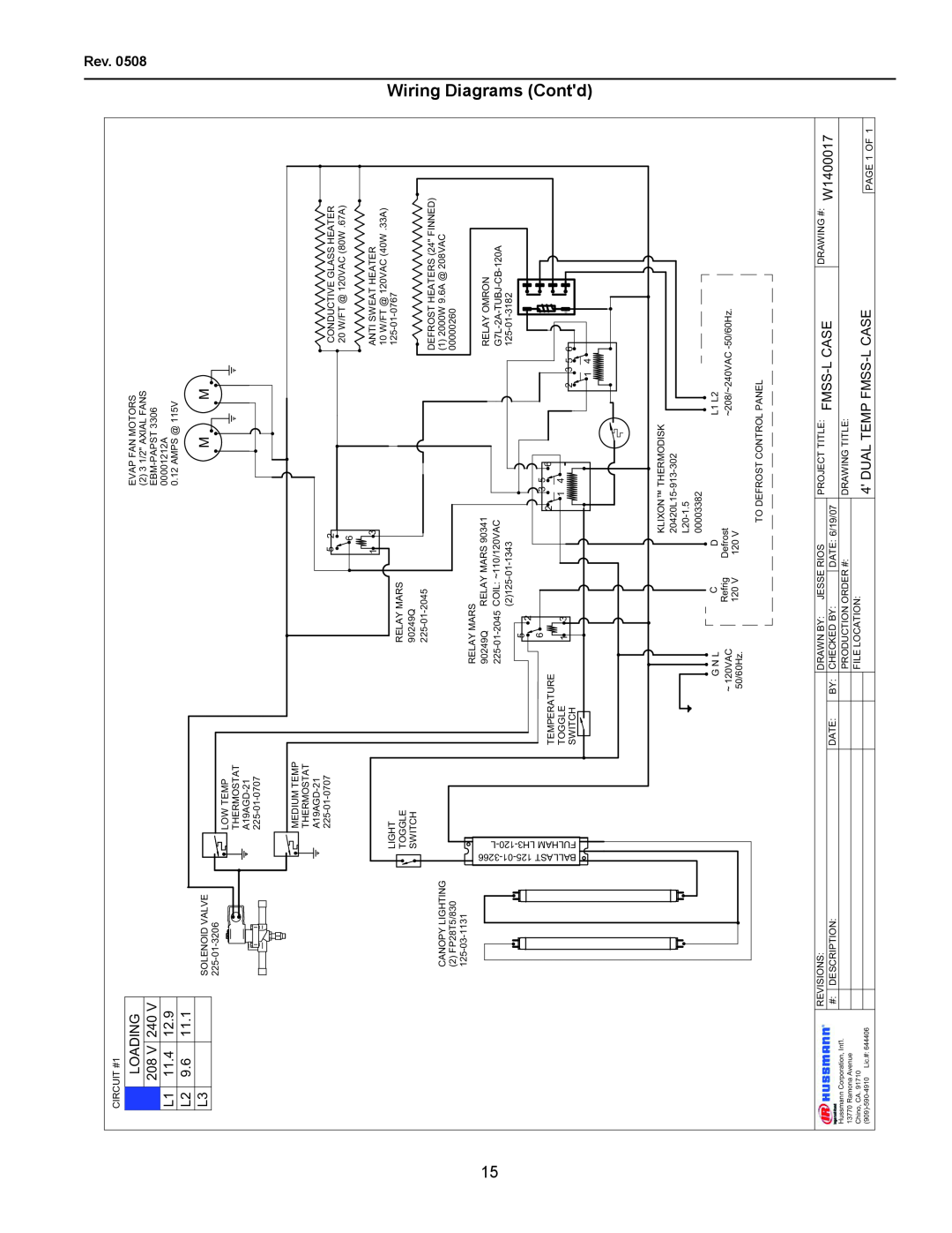 hussman FMSS-L operation manual Wiring Diagrams Contd, LOADING 208 V 240 L1 11.4 L2 9.6 L3, Dual Temp Fmss-L Case 