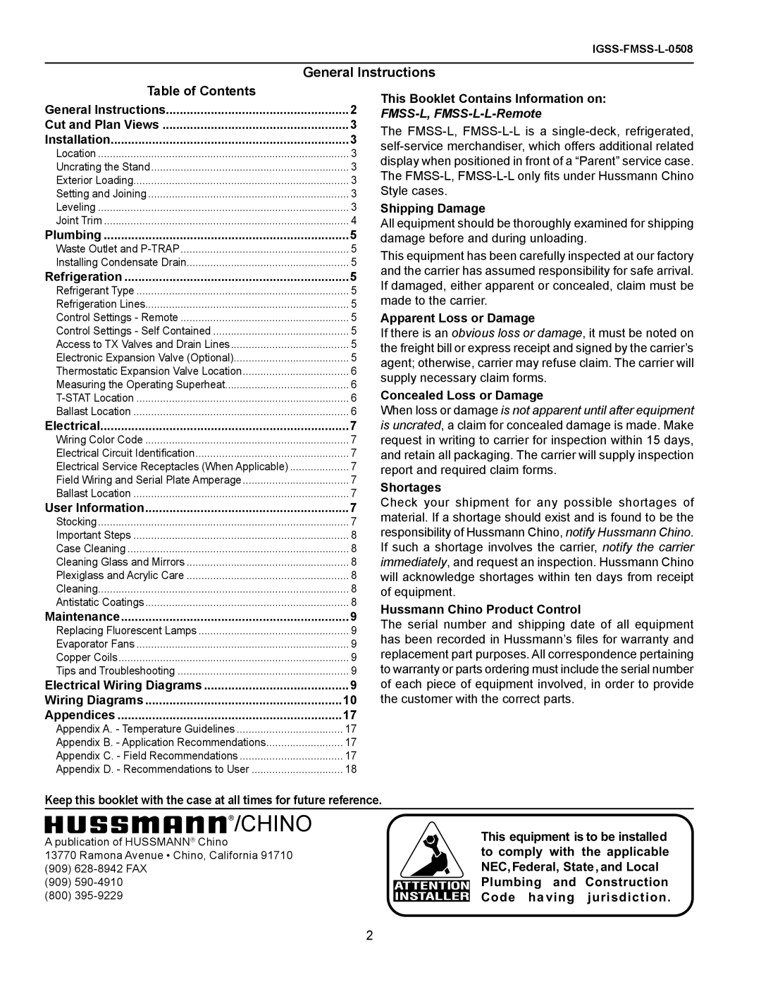 hussman FMSS-L General Instructions, Table of Contents, Chino, This Booklet Contains Information on, Shipping Damage 