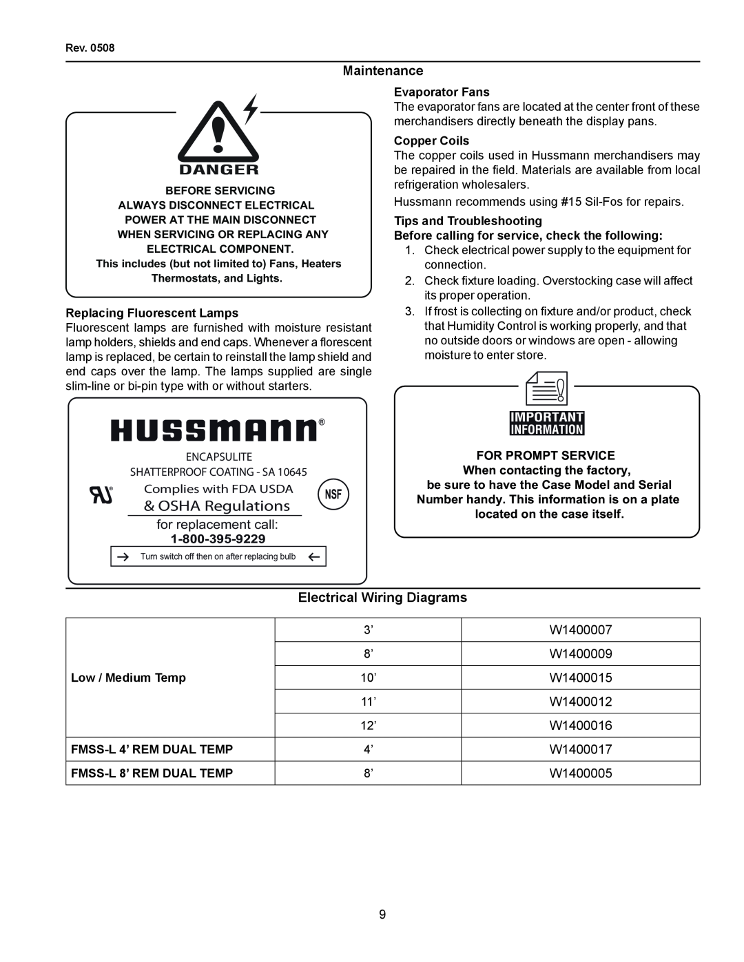 hussman FMSS-L OSHA Regulations, Maintenance, Electrical Wiring Diagrams, Evaporator Fans, Copper Coils, Low / Medium Temp 