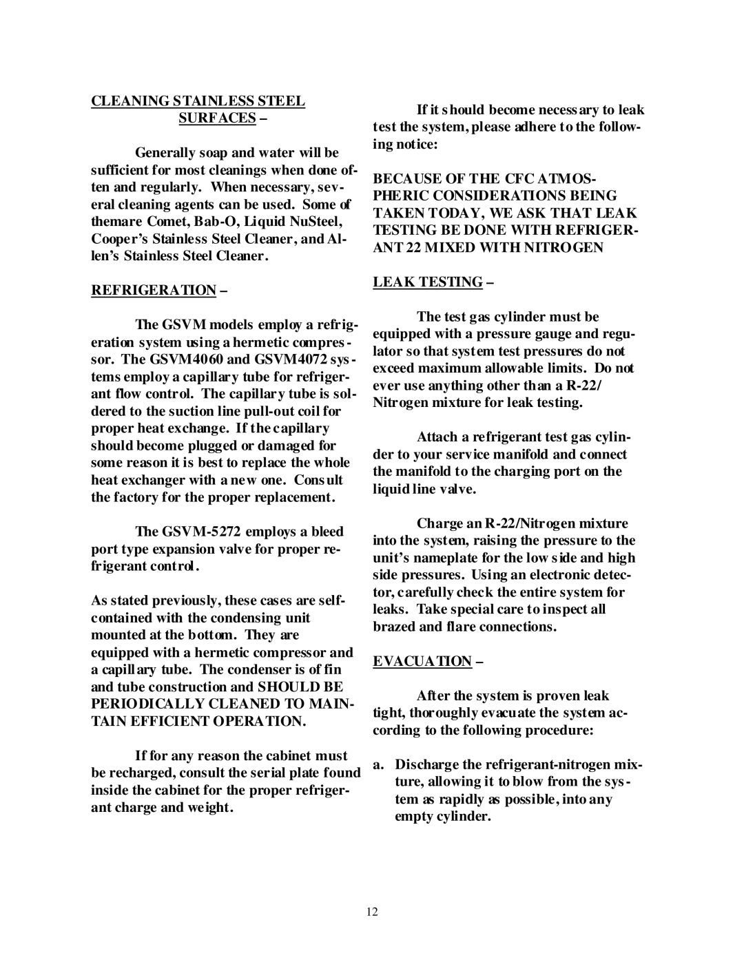 hussman GSVM installation instructions Cleaning Stainless Steel Surfaces, Refrigeration, Evacuation 