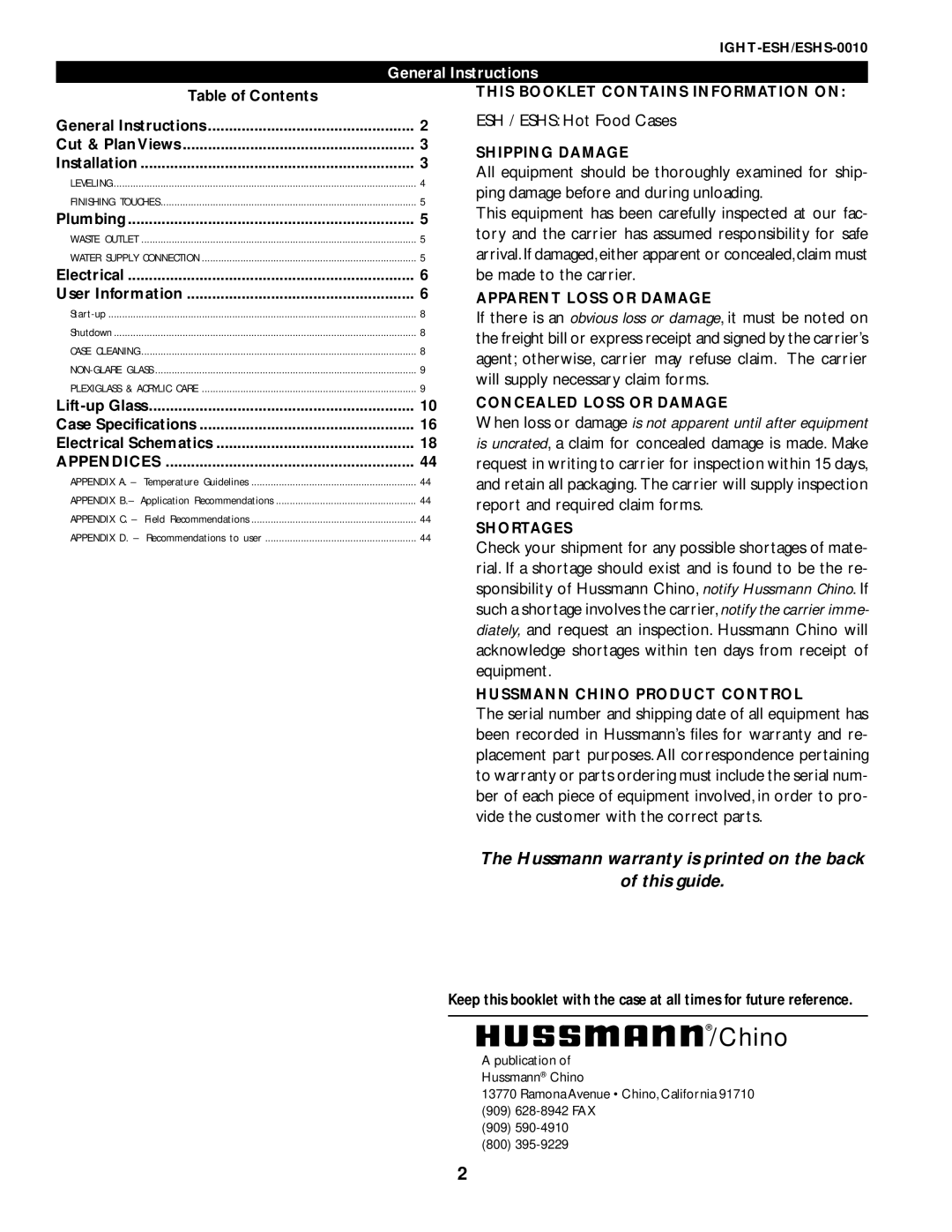 hussman IGHT-ESH/ESHS-0010 manual This Booklet Contains Information on, Shipping Damage, Apparent Loss or Damage, Shortages 