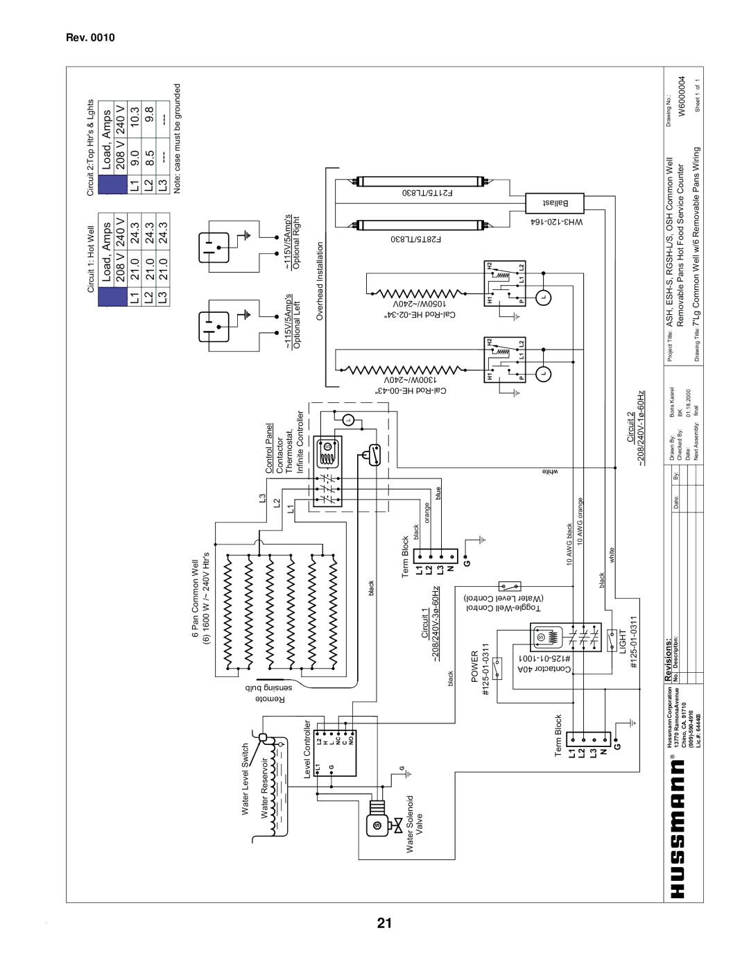 hussman IGHT-ESH/ESHS-0010 manual Amps 240V 10.3 Load 208V 24.3 21.0 