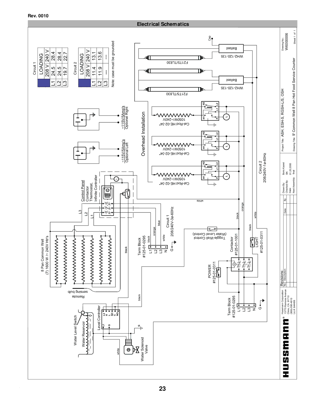 hussman IGHT-ESH/ESHS-0010 manual Loading 208V 240V 24.5 19.7, Loading 208V 240V 11.4 11.9, Installation, Overhead, Light 