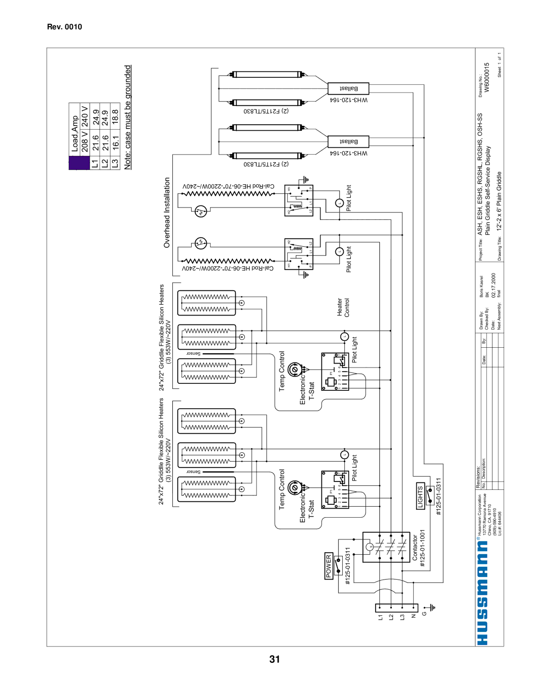 hussman IGHT-ESH/ESHS-0010 manual Grounded Load,Amp 240V 24.9 18.8 208V, 21.6 