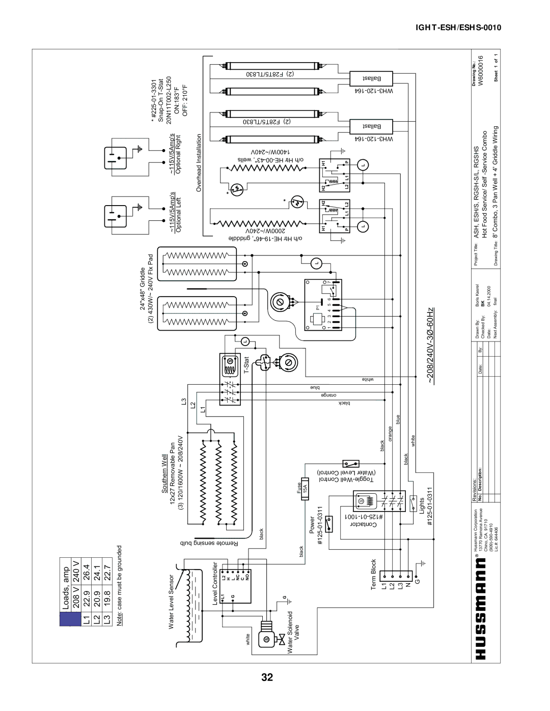 hussman IGHT-ESH/ESHS-0010 Amp 240V 26.4 24.1 22.7 Loads 208V 22.9 20.9 19.8, ~208/240V-3Ø-60Hz, 164-120-WH3, W6000016 