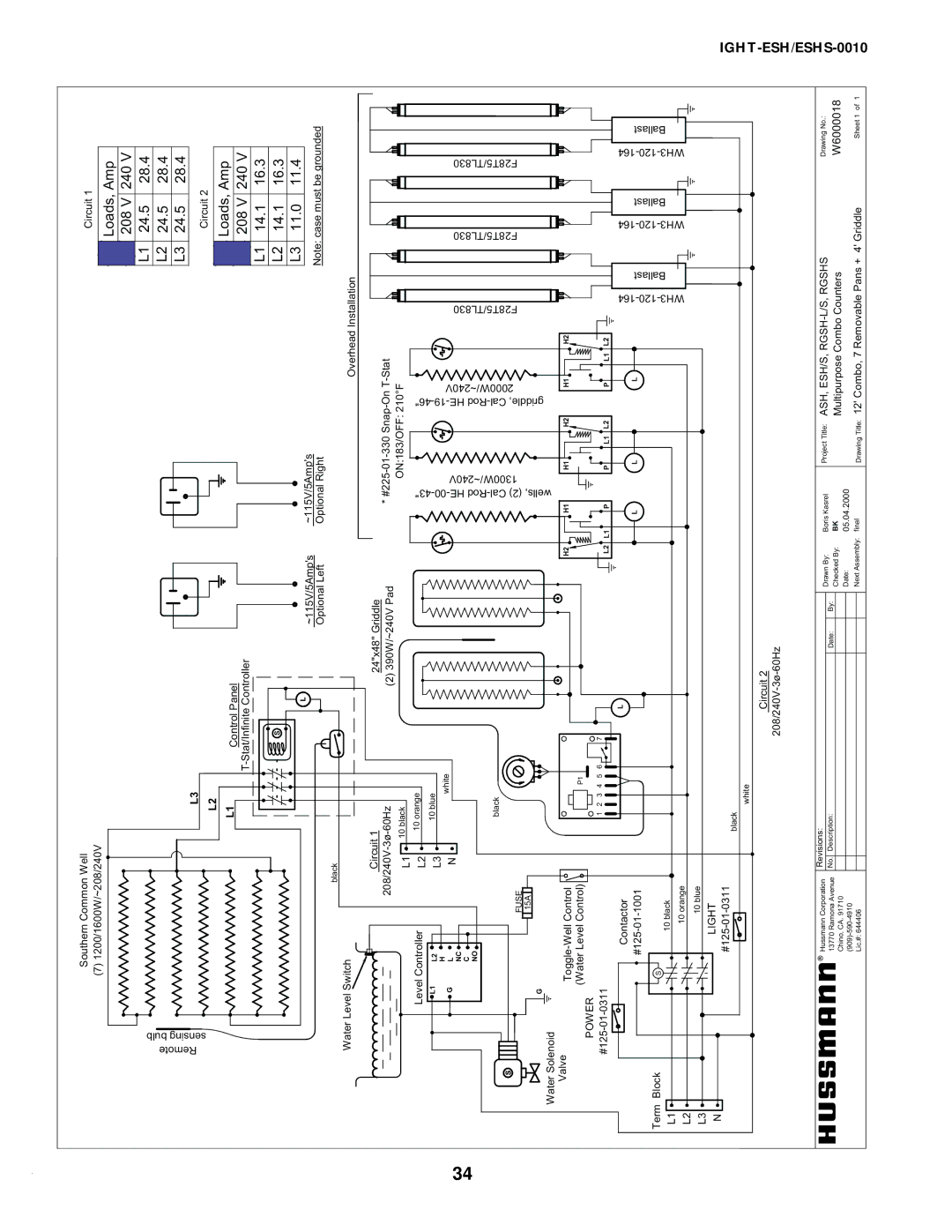 hussman IGHT-ESH/ESHS-0010 manual Loads,Amp 208V 240V 24.5, Loads,Amp 208V 240V 14.1 11.0 