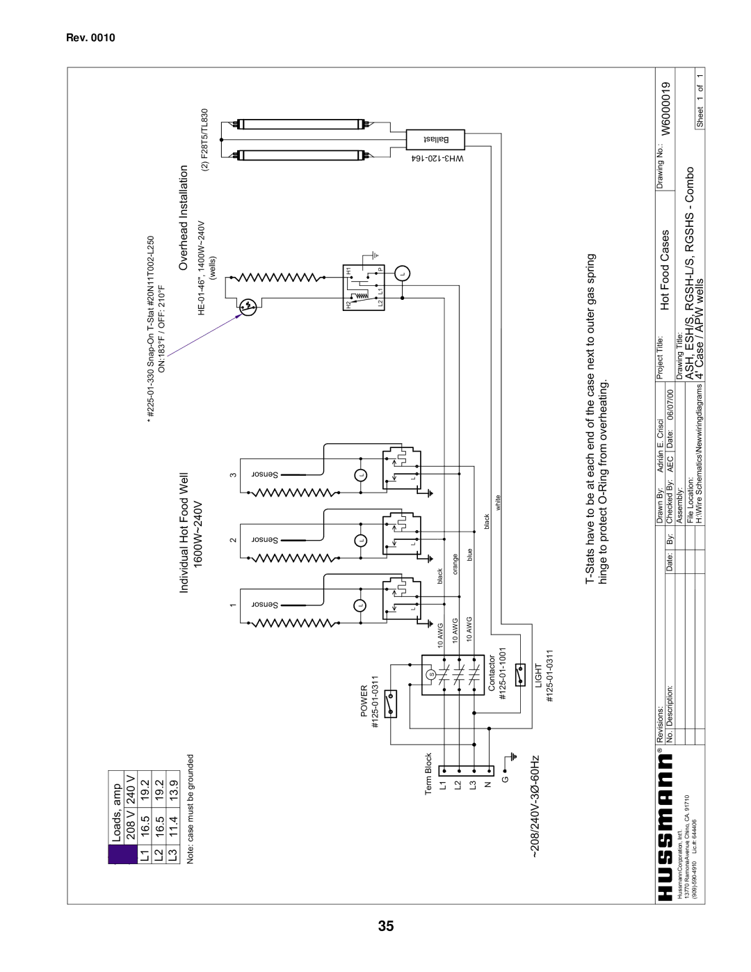 hussman IGHT-ESH/ESHS-0010 manual Installation, Overhead, Well, Loads,amp 208V 240V 16.5 11.4, Combo, FoodCases, Hot 