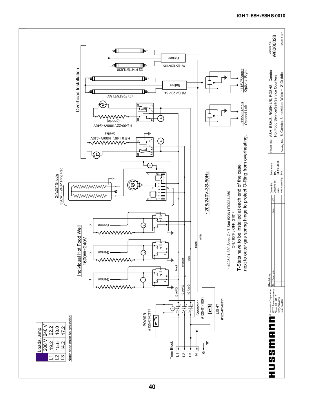 hussman IGHT-ESH/ESHS-0010 manual W6000028, 60Hz, ~208/240V, Ofthecase Ringfrom Eachend Toprotect, Amp V 240V 22.2 18.0 