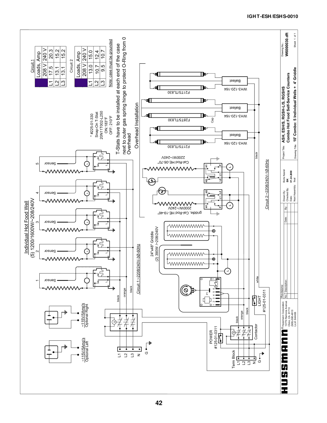 hussman IGHT-ESH/ESHS-0010 manual Loads,Amp 208V L1 17.5 L2 13.1 L3 13.1, IndividualHotFoodWell 51200/1600W/~208/240V 