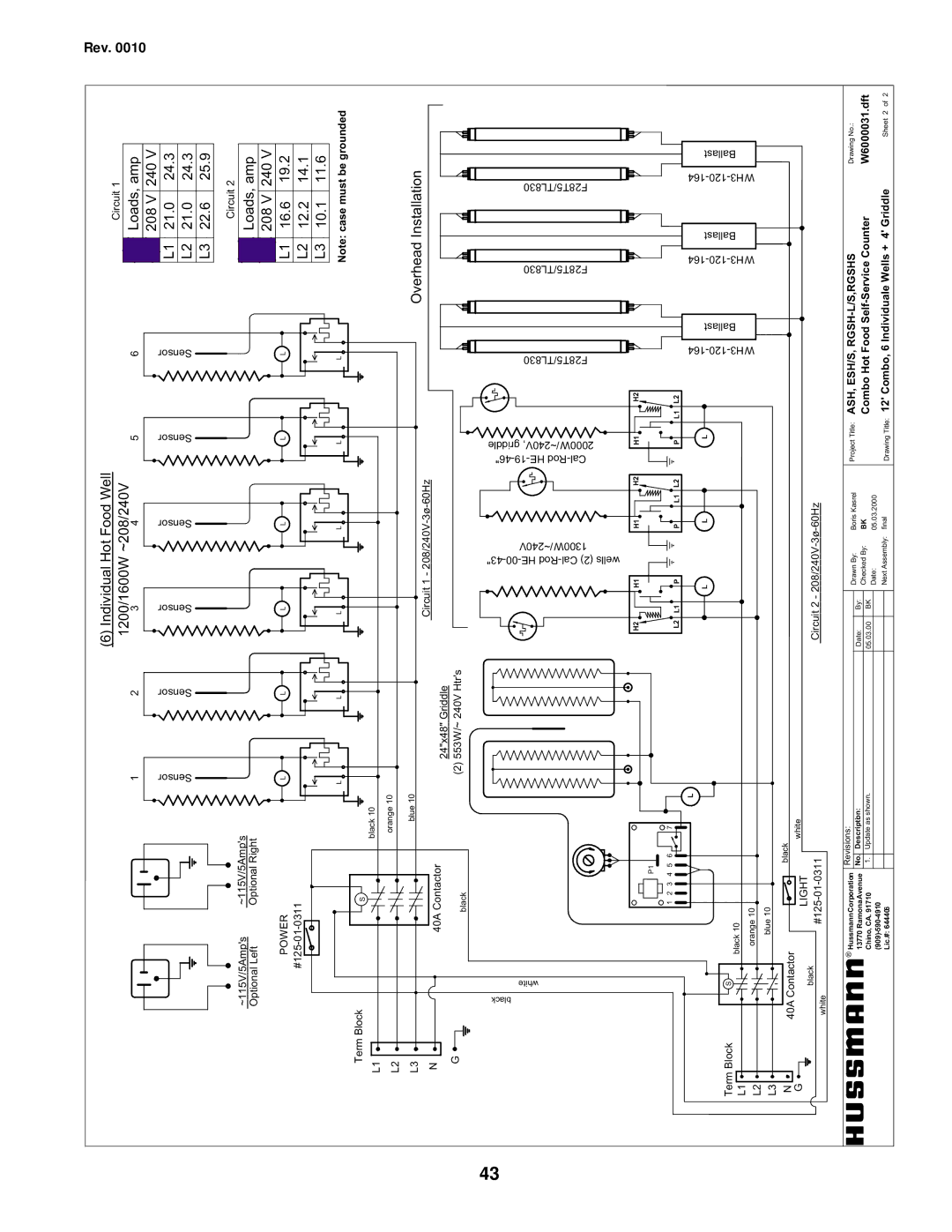 hussman IGHT-ESH/ESHS-0010 manual Amp 240V 24.3 25.9 Loads 208V 21.0 22.6, Amp 240V 19.2 14.1, Loads 208V 16.6 12.2 