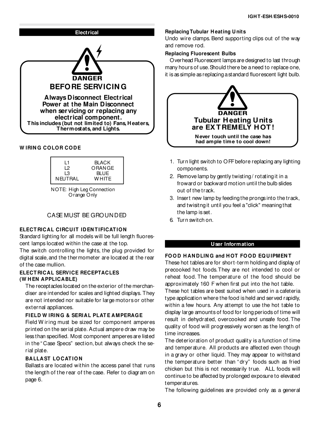 hussman IGHT-ESH/ESHS-0010 Wiring Color Code, Electrical Circuit Identification, Field Wiring & Serial Plate Amperage 