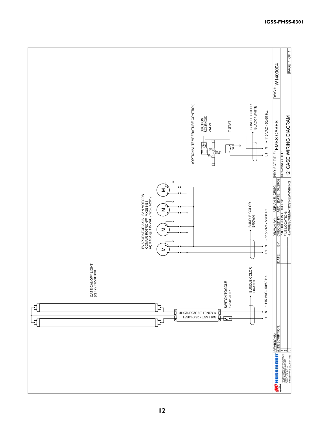 hussman IGSS-FMSS-0301 manual WIRINGCASE12 Diagram, M M 