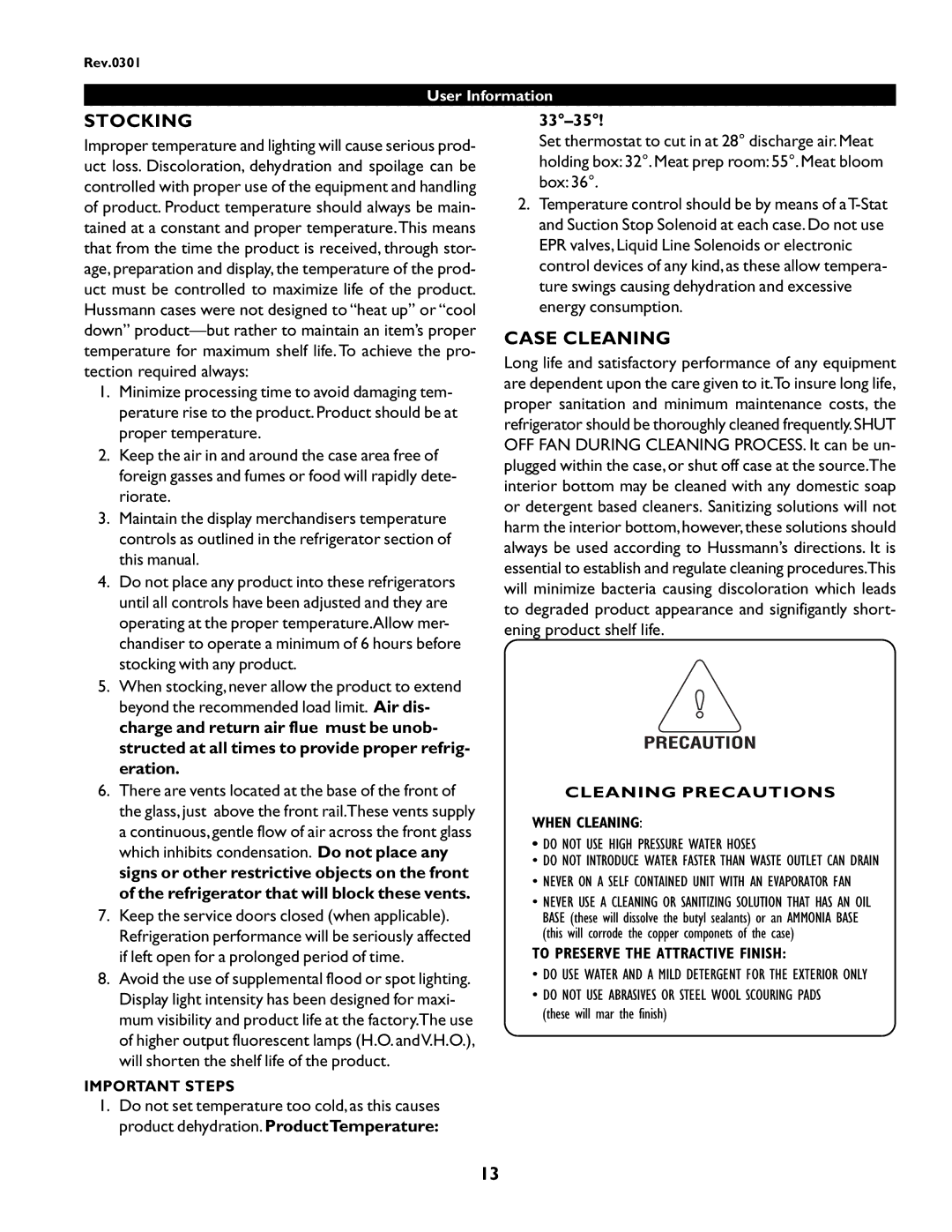 hussman IGSS-FMSS-0301 manual Stocking, Case Cleaning, Important Steps, Cleaning Precautions When Cleaning 