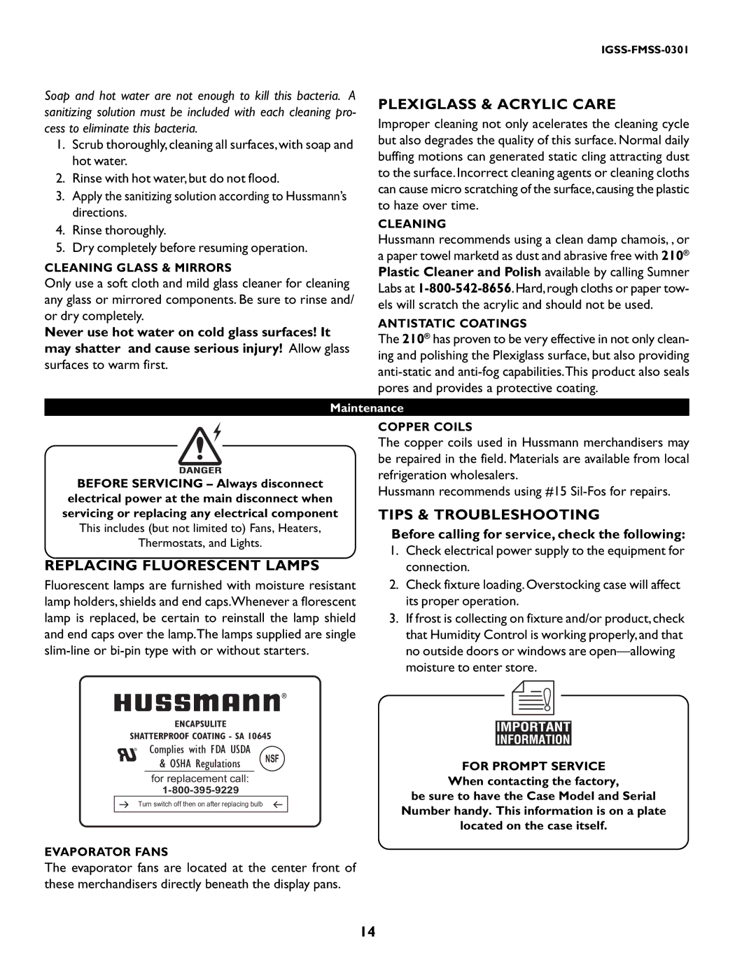 hussman IGSS-FMSS-0301 manual Plexiglass & Acrylic Care, Replacing Fluorescent Lamps, Tips & Troubleshooting 