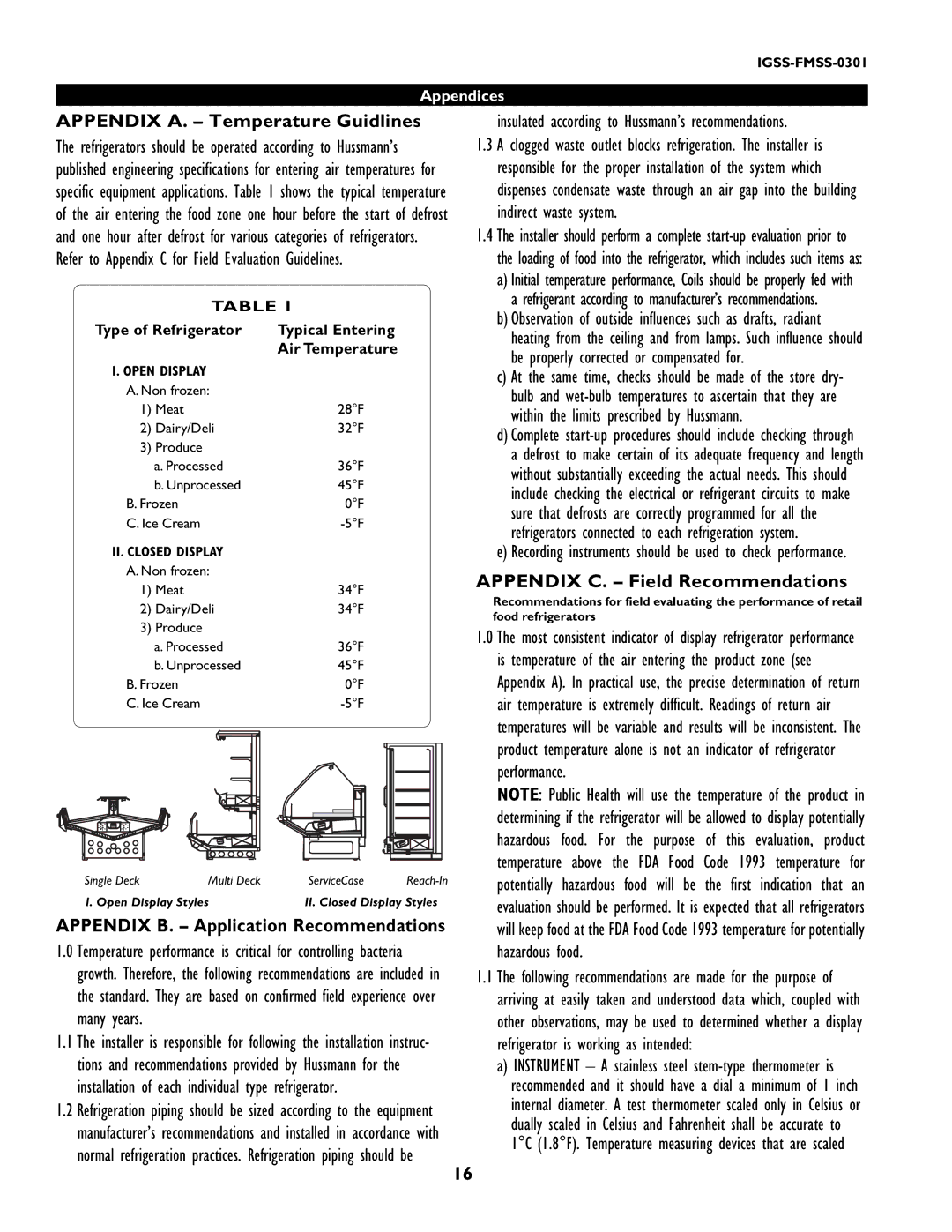 hussman IGSS-FMSS-0301 manual Appendices, Type of Refrigerator Typical Entering Air Temperature 