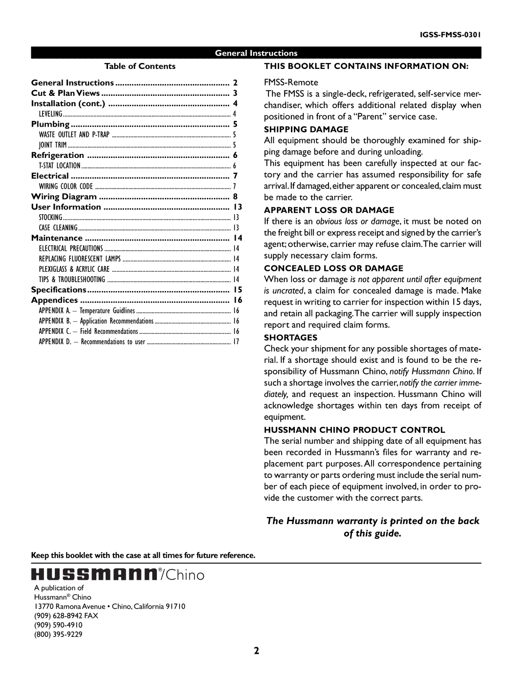 hussman IGSS-FMSS-0301 manual This Booklet Contains Information on, Shipping Damage, Apparent Loss or Damage, Shortages 