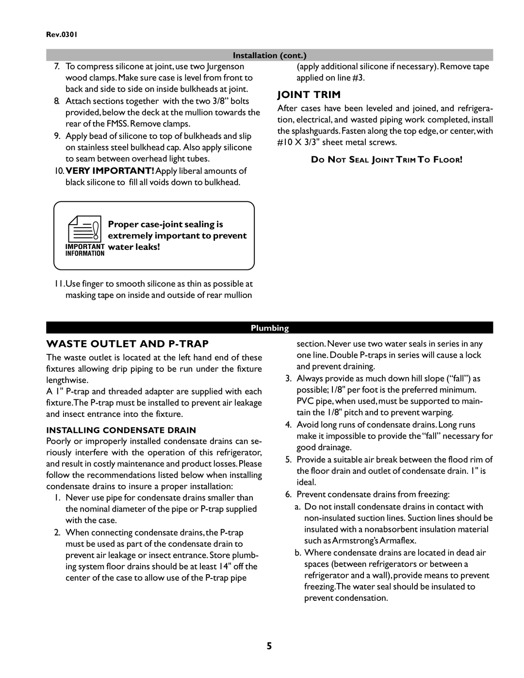hussman IGSS-FMSS-0301 manual Joint Trim, Waste Outlet and P-TRAP, Installation, Plumbing, Installing Condensate Drain 