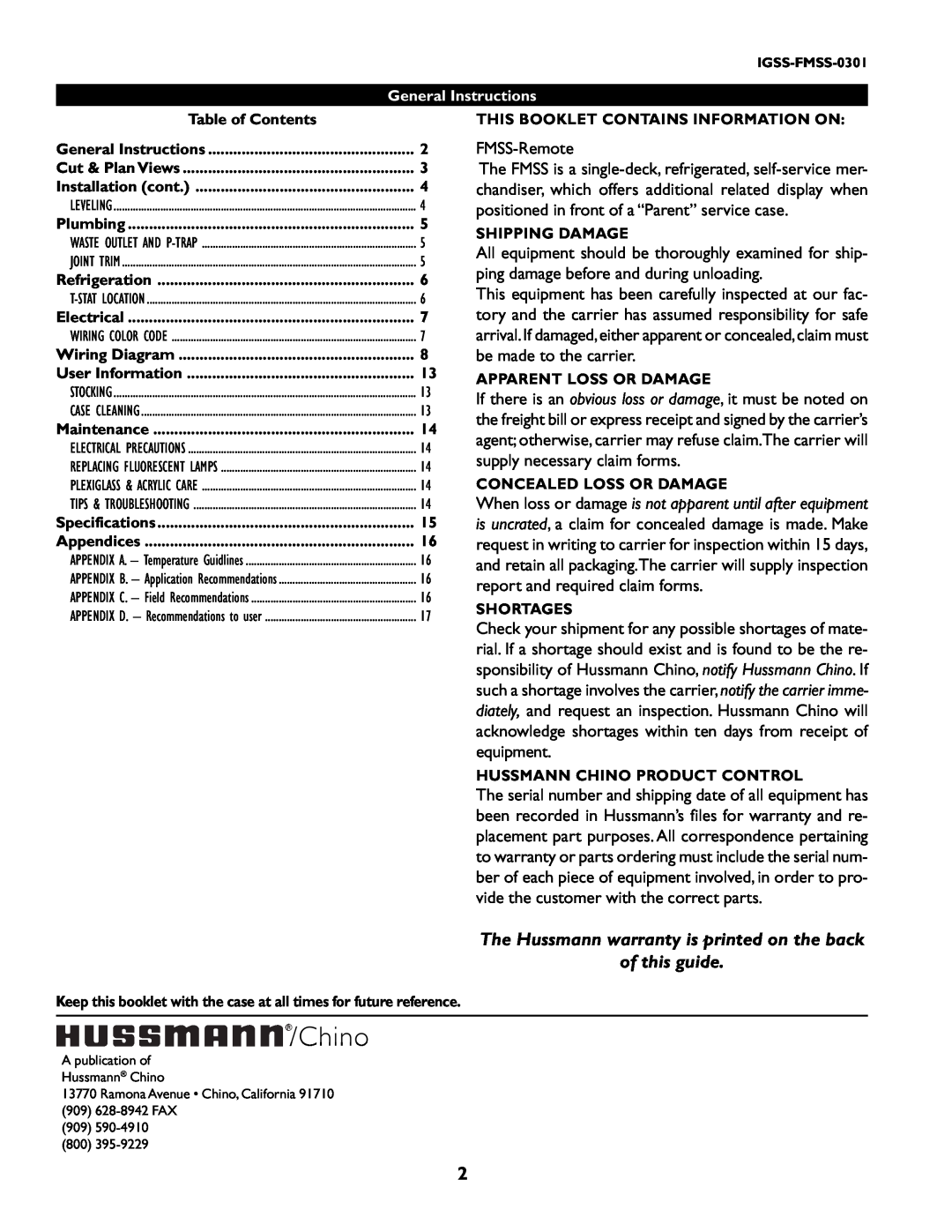 hussman IGSS-FMSS-0301 manual The Hussmann warranty is printed on the back of this guide, Chino 
