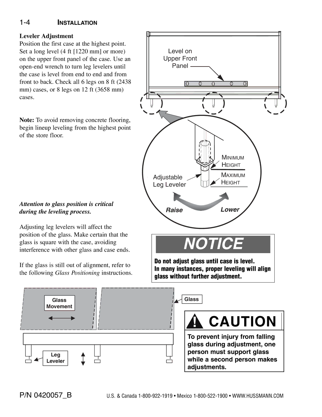 hussman P/N 0420057_B operation manual Leveler Adjustment, Raise Lower 