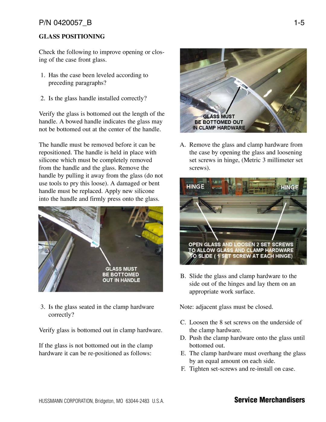 hussman P/N 0420057_B operation manual Glass Positioning 