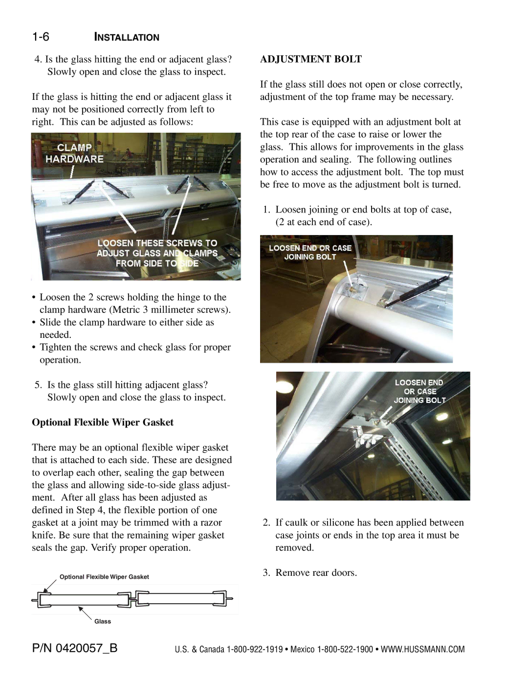 hussman P/N 0420057_B operation manual Optional Flexible Wiper Gasket, Adjustment Bolt 