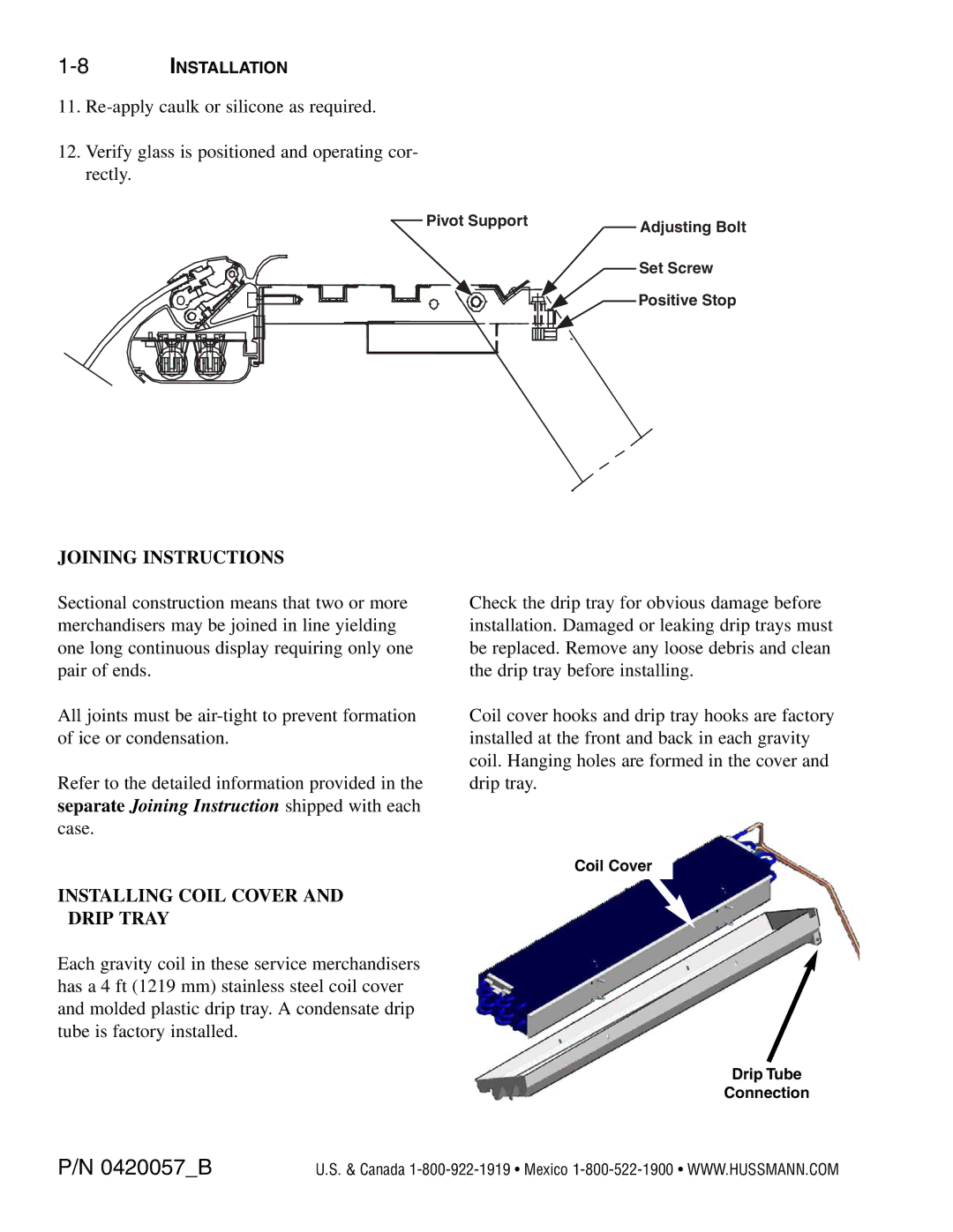 hussman P/N 0420057_B operation manual Joining Instructions, Installing Coil Cover and Drip Tray 