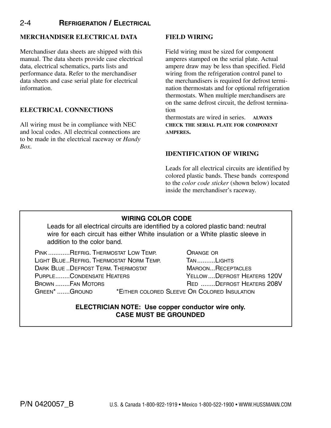 hussman P/N 0420057_B Merchandiser Electrical Data, Electrical Connections, Field Wiring, Identification of Wiring 