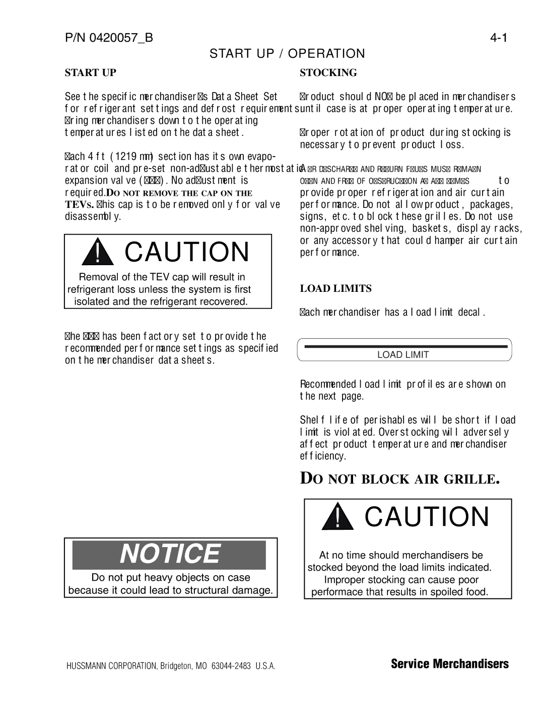 hussman P/N 0420057_B operation manual Start UP / Operation, Stocking, Load Limits 