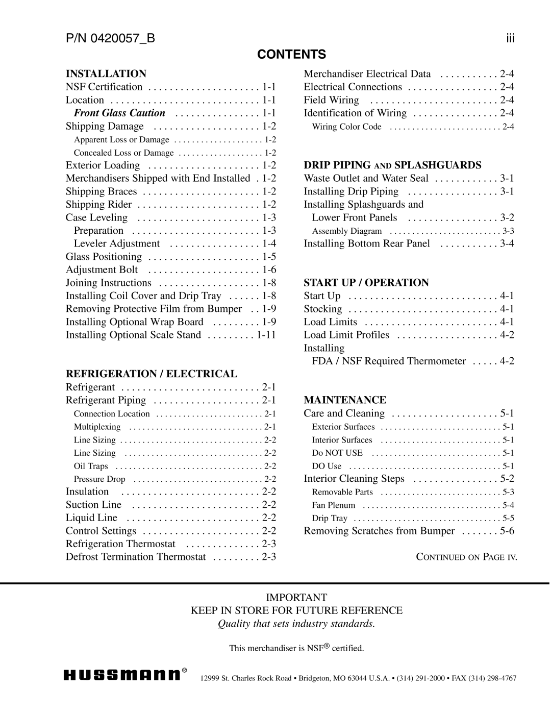 hussman P/N 0420057_B operation manual Contents 