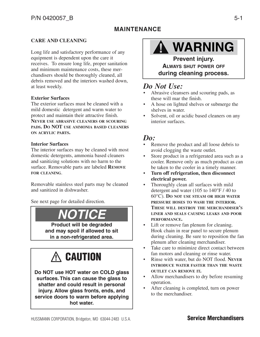 hussman P/N 0420057_B operation manual Do Not Use 