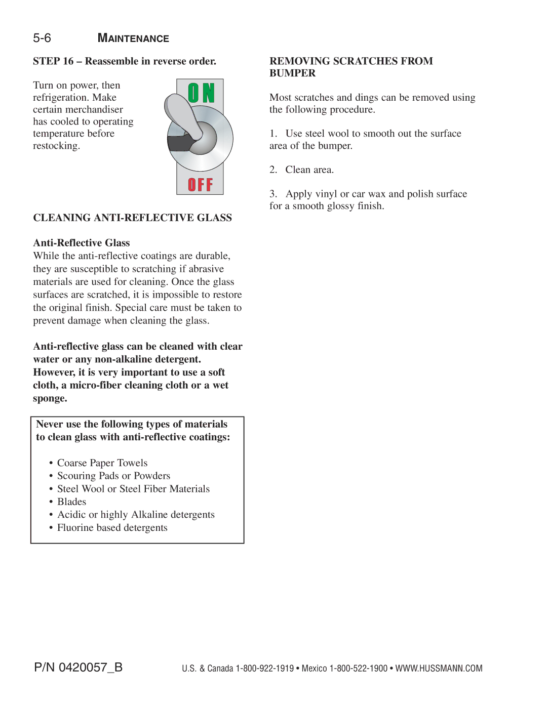 hussman P/N 0420057_B operation manual Cleaning ANTI-REFLECTIVE Glass 