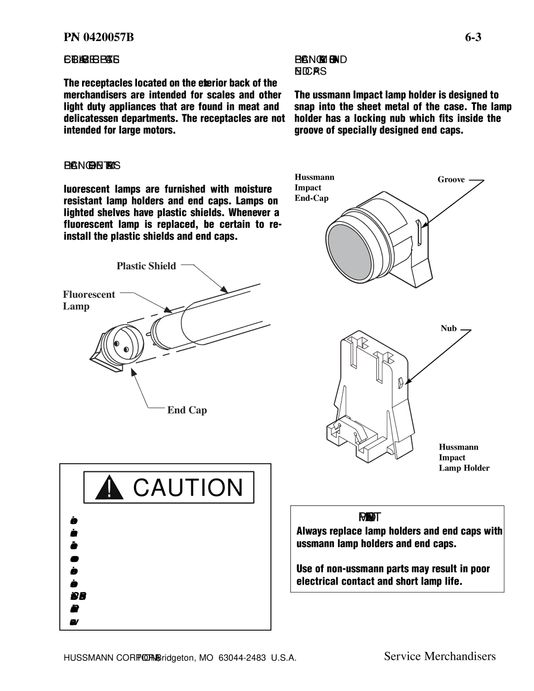 hussman P/N 0420057_B Electrical Service Receptacles, Replacing Fluorescent Lamps, Replacing Lamp Holders and END Caps 
