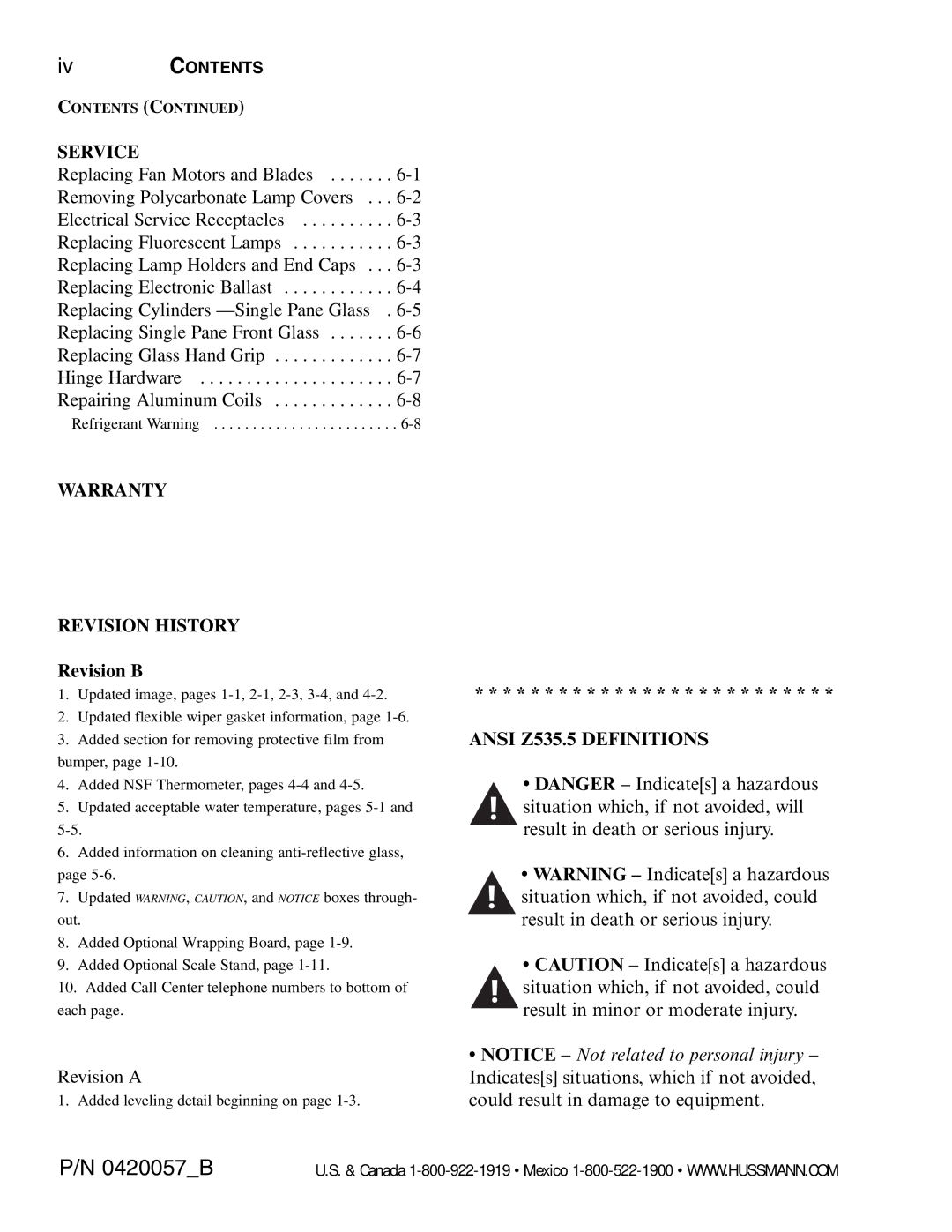 hussman P/N 0420057_B operation manual Service, Warranty Revision History, Revision B, Ansi Z535.5 Definitions 