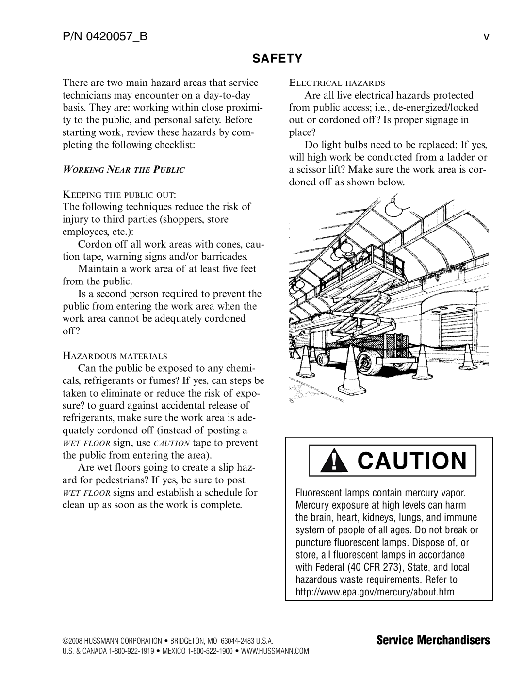 hussman P/N 0420057_B operation manual Safety, Service Merchandisers 